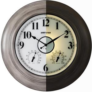 Andy Star 21 Inch Large Luminous Outdoor Wall Clock and Temperature for Patio, Pool, Oversized Round Wall Clocks Waterproof, Vintage Brushed Gray Oak Wooden Finish Silent Non Ticking
