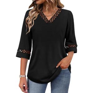 Womens Tops Eyelet Lace V Neck Bell Sleeve Blouses Dressy Casual Work Shirt 2026 Summer Spring Fashion Clothing (Black, XXL)