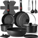 21Pcs Ceramic Pots and Pans Set Non Stick, Kitchen Cookware Set with Detachable Handles, Non Toxic Healthy Cooking Set, Induction Dishwasher Oven Safe, PTFE PFOA PFOS Free, Black