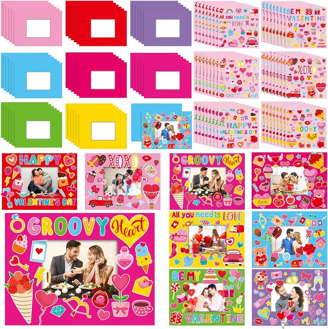 Jetec 48 Sets Valentines Picture Frames Craft Kit DIY Photo Frames Sticker Craft Make Your Own Paper Picture Frame for Home Activities Party Favors Decorations(Pink)