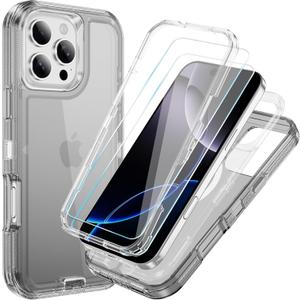 Compatible with iPhone 16 Pro Case with HD Screen Protector, Heavy Duty Shockproof [3 in 1] Clear Phone Cases for iPhone 16 Pro 6.3" (Black)