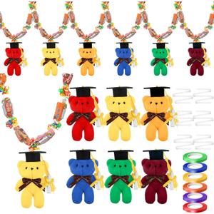 18 Pcs 2025 Graduation Stuffed Animal Candy Lei Making Kit Include 6 Pcs Mesh Bag 6 Pcs Colorful Graduation Bear 6 Rolls Ribbon for 2025 Graduation Gift Kit