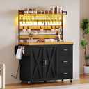 DWVO Farmhouse Bakers Rack with Power Outlet and LED Light, 53 inch Coffee Bar Cabinet Station with Storage, Microwave Stand on Wheels, with Wine Racks, Shelves, Goblet Holder and 14-S Hooks (Black)