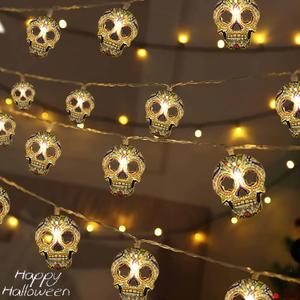 Halloween String Lights, 2 Packs Skull String Lights 15Ft 30LED Halloween Fairy Lights Fall Decor Light Battery/USB Powered Optional 2 Modes Flashing Cute Lights for Home Yard Patio 2025 Indoor Decor