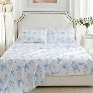 CCoutueChen Blue Bow Sheet Set Queen Garden Floral Fitted Sheet Set for Girls Kids Soft Microfiber Fitted Flat Sheets & Pillowcases Cute Princess Style Bowknot Bedding Sets Toddlers 4 Pieces