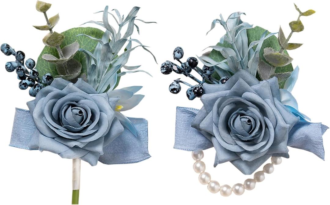 Meldel Dusty Blue Corsage and Boutonniere Set, Rose Boutonniere for Men, Prom Flower Wrist Corsage Bracelets, Homecoming Corsages Wristlet, Men Boutonnieres for Wedding Flowers Accessories Prom Suit