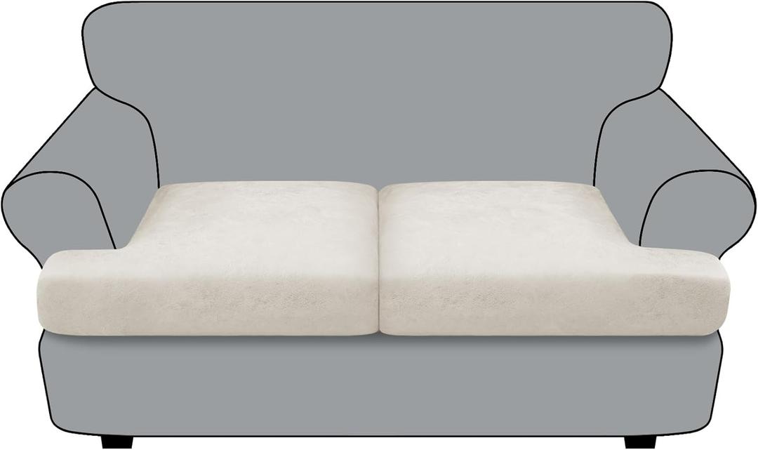 Imnopqr T Cushion Loveseat Sofa Cover Leather-Look 2PC Stretch Sofa Seat Cushion Slipcover Individual Couch Seat Covers with Elastic Bands, Pet-Friendly, Non-Slip, Easy Fit - Beige