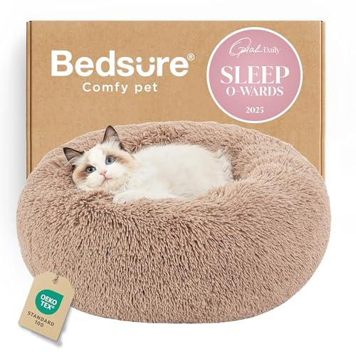 Bedsure Calming Cat Beds for Indoor Cats - Small Cat Bed Washable 20 inches, Anti-Slip Round Fluffy Plush Faux Fur Pet Bed, Fits up to 15 lbs Pets, Camel