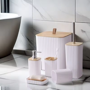 Toilet Brush Set, Toilet Storage Bucket with Bamboo Lid, Bathroom Organizer Container for Toiletries