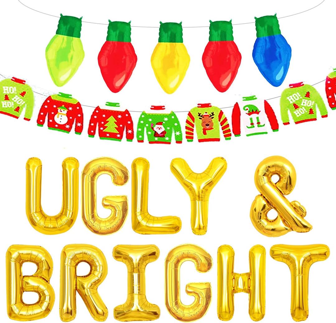 LaVenty Ugly & Bright Balloons Ugly & Bright Sign Ugly Sweater Party Decoration Ugly Sweater Party Banner Christmas Ugly Sweater Party Decoration