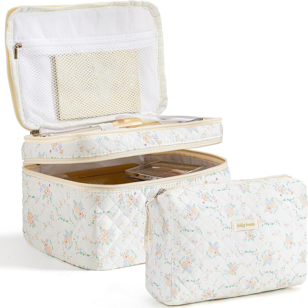 HBselect 2Pcs Travel Makeup Bag, Large Cotton Quilted Makeup Bag Cosmetic Bag Cute Make up Bag Toiletry Bags for Women Girls