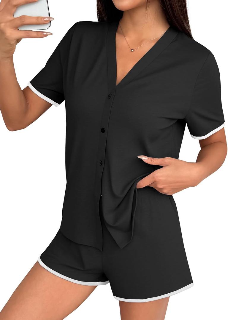 Hilinker Womens Button Up Pajamas V Neck Short Sleeve Tops and Shorts Sleepwear 2 Piece Lounge Set Black Small