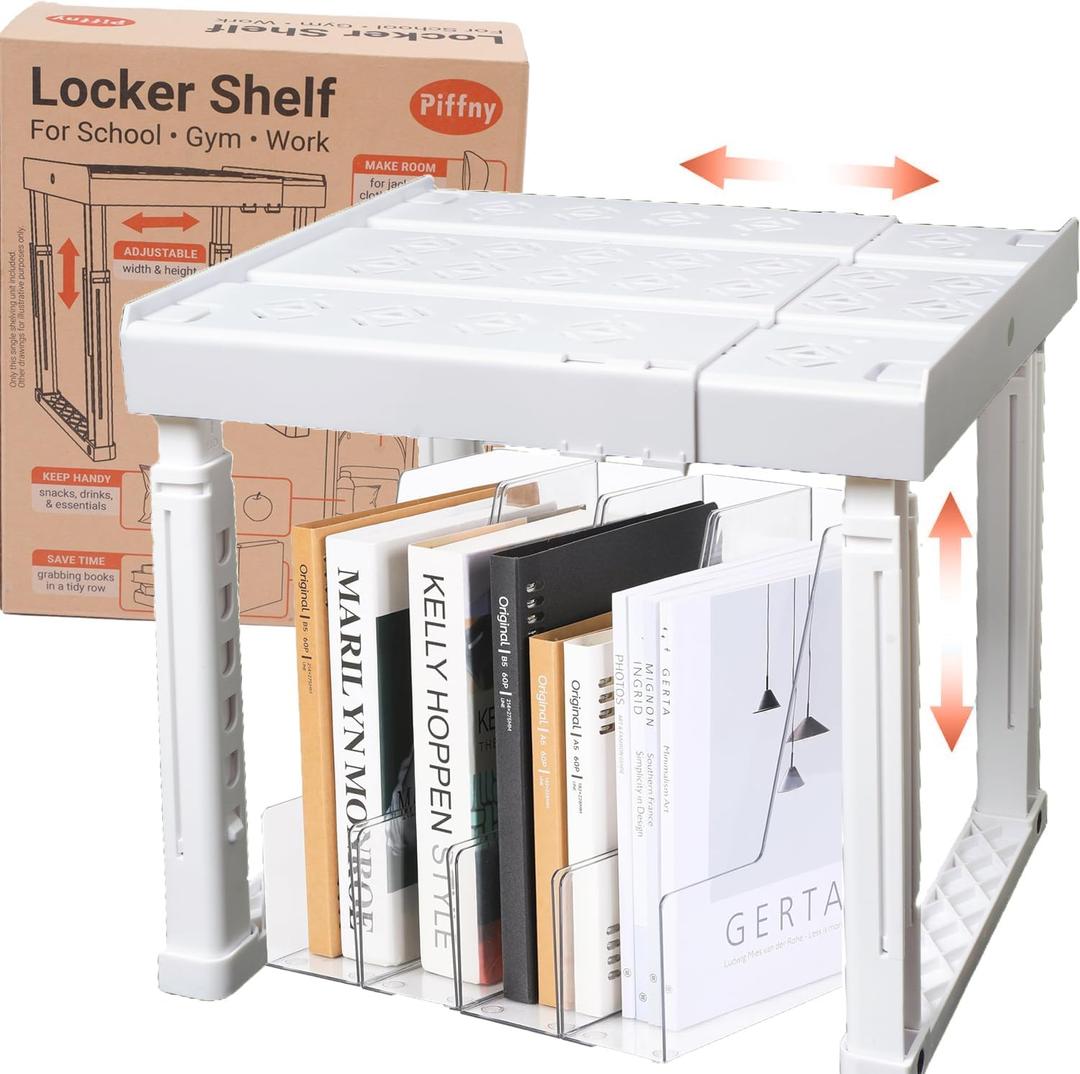 Piffny Locker Organizer Shelf Adjustable Width and Height, Stackable, Ideal Locker Shelf for School, Office, Gym Lockers, or Even Kitchen Cabinets & Under Sink Organization (White 1 Pack)