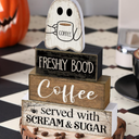 4 Pcs Halloween Table Decorations-Coffee Ghost Wooden Signs Halloween Decorations Tiered Tray Decor Centerpiece Sign for Farmhouse Ghost Tabletop Coffee Bar for Home Office Kitchen Shelf Party (one size, black)