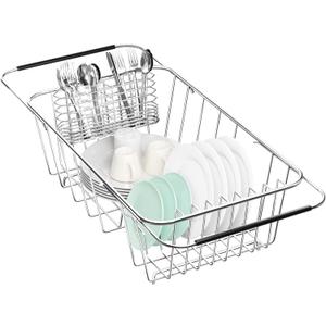 Small Dish Drainer Rack in Sink Adjustable, Expandable Stainless Steel Metal Dish Drying Rack Organizer with Stainless Steel Utensil Holder Over Inside Sink Counter, Rustproof(for 1-2 People) (Small15.08*8.39*5.24 Inches)