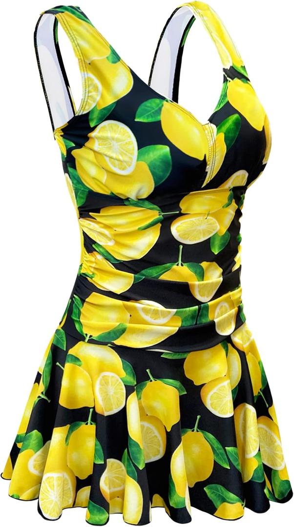 AONTUS Plus Size Vintage One Piece Swimsuits with Tummy Control Boy Shorts for Women Retro Swimwear Removable Soft Padding (22-24, Rich-lemon Fruit)