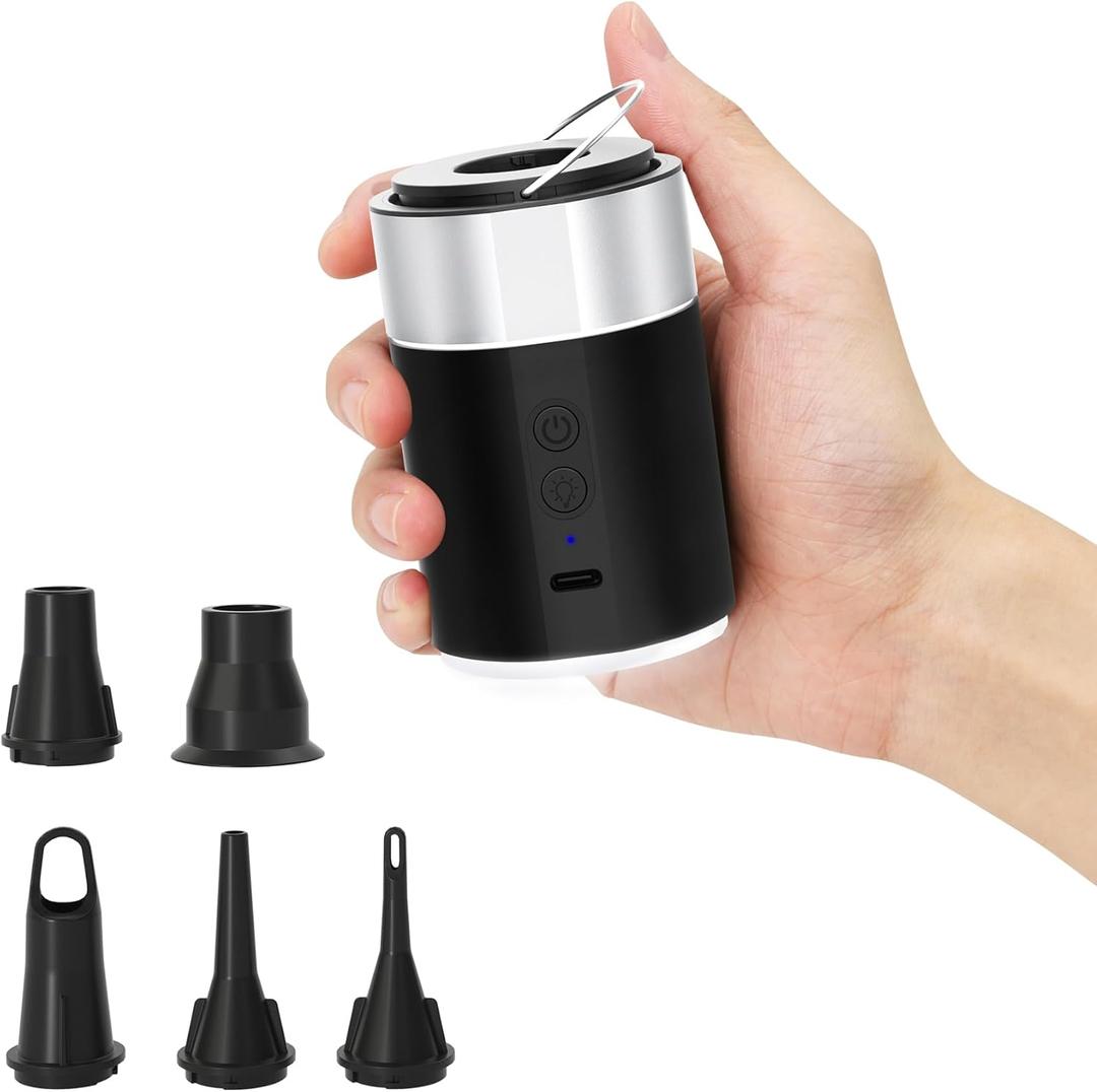 LIBERRWAY Electric Air Pump for Inflatables - Rechargeable Tiny Pump - Cordless Portable Air Pump with Camping Lantern, Quick-Fill Air Mattress Pump for Camping, Pool Floats (Black + Silver)