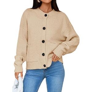 Saodimallsu Womens Button Up Cardigans Fall Crew Neck Fuzzy Knit Long Sleeve Cropped Sweater Jacket with Pockets (Medium, Apricot)