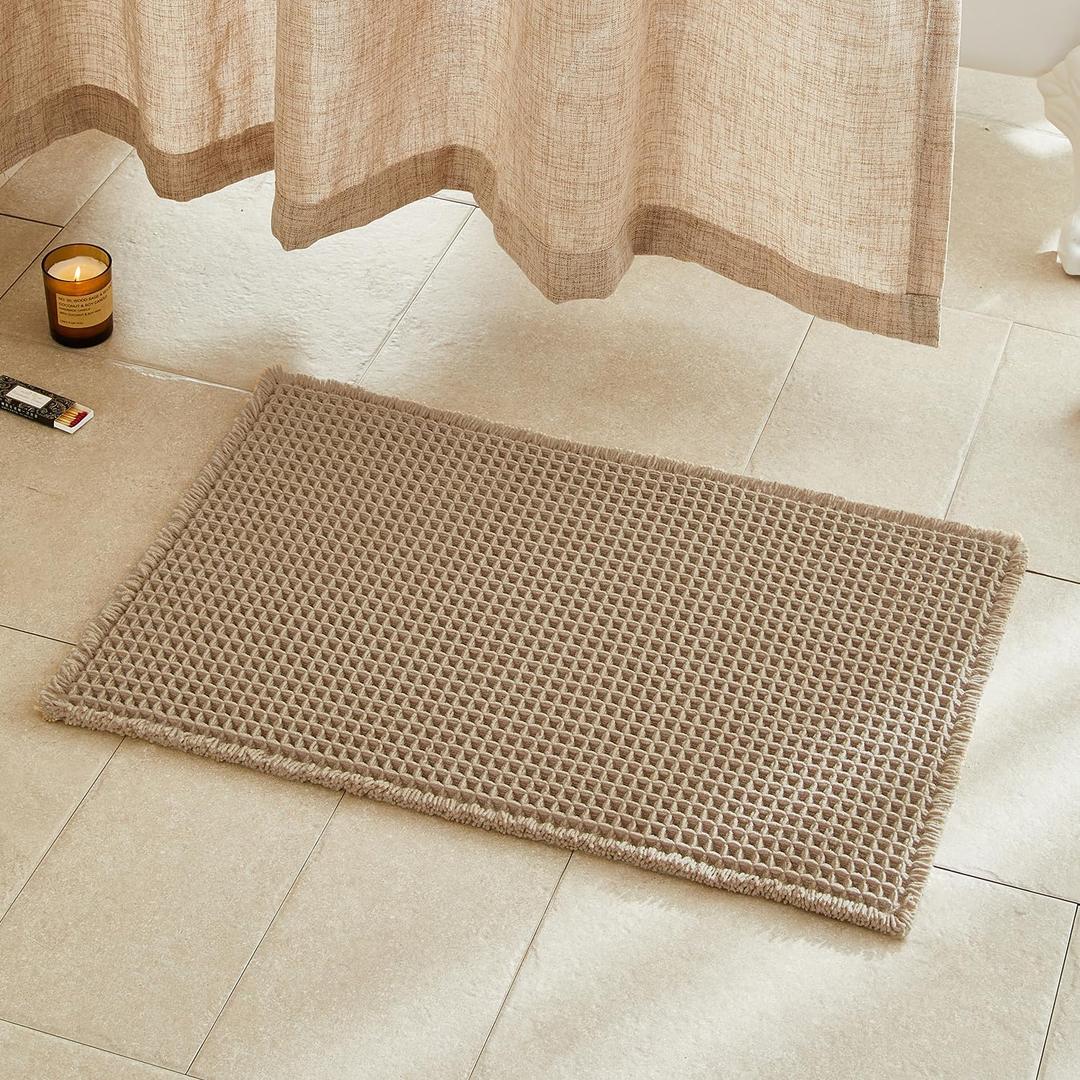 TYUU Waffle Bath Mat, Boho Bathroom Rugs Non Slip Washable Super Absorbent Quick Dry Farmhouse Bathroom Decor, 30"x20" Khaki