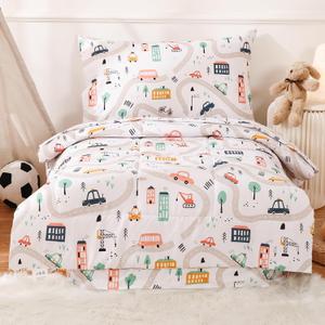 JSD Car Toddler Bedding Set, 4 Piece Bed-in-a-Bag Toddler Microfiber Comforter Sheet Set, All Season Machine Washable