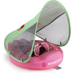 Mambobaby Float Add Tail Baby Swim Float with Canopy Solid Pool Infant Swim Trainer Swimming Training Lying Air Free Water Floats Non-Inflatable Waist Swim Ring for Toddlers (Dragon Fruit), Large