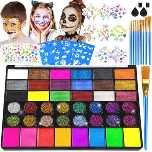 Face Painting Kit  42 Colors Water Activated Face Paint Set, Easy Apply & Remove, Skin-Safe & Non-Toxic, Professional Kit with Brushes, Stencils & Gems for Halloween, Party, Festival & Cosplay