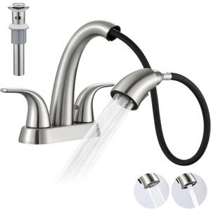 Ultimate Unicorn Brushed Nickel Bathroom Sink Faucet, 4'' Centerset Modern Washbasin Tap Set 3-Hole with Pop Up Drain, 2-Handle Pull Down Sprayer, for RV/Lavatory/Restroom
