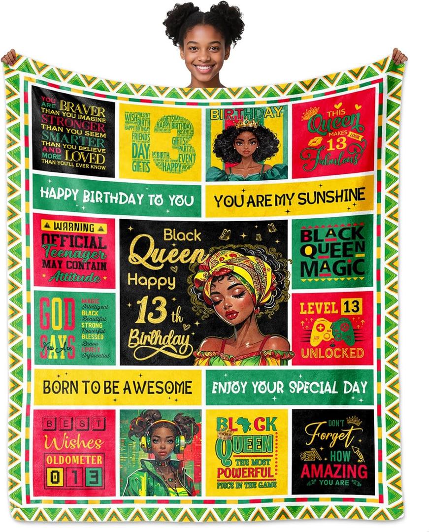 OAKZIUE 13th Birthday Gifts for Girls Teen, African American Black Girls 13th Birthday Gifts Blanket 60"x50", 13 Year Old Girl Gift Ideas, 2012 Decoration Gift for 13 Year Old Girl, 13-Year-Old Bday