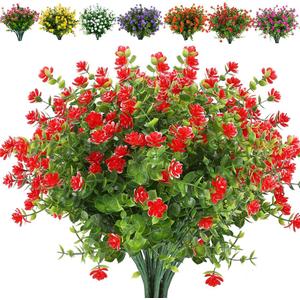 8 Bundles Artificial Flowers Fake Boxwood Shrubs UV Resistant No Fade Faux Greenery Faux Plastic Lotus for Home Garden Hanging Planter Indoor Outdoor Porch Patio Office Wedding Decoration(Red)