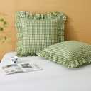 Silnuo 2 Pack Green/White Plaid Ruffle Throw Pillow Covers,100% Washed Cotton Farmhouse Gingham Decorative Pillow Shams Checkered Pillowcases 20" x 20" for Bed, Sofa, Living Room