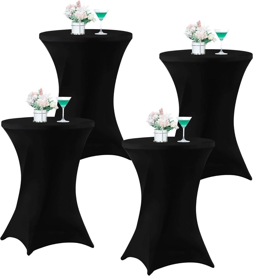 Wolkemer 4 Pack 30x43 Inch Spandex Cocktail Cover Black Stretch Table Cloths Fitted Tablecloth High Top Square Coners Table Covers for Wedding Birthday Party Bar Banquet Round Tables