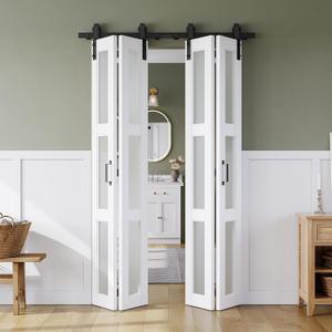 SMARTSTANDARD 56in x 84in Bifold Barn Door, Frosted Glass Barn Door with Hardware Kit Included, Pre-Drilled Holes Easy Assembly -Solid Barn Doors Slab Covered with Water-Proof PVC Surface, White