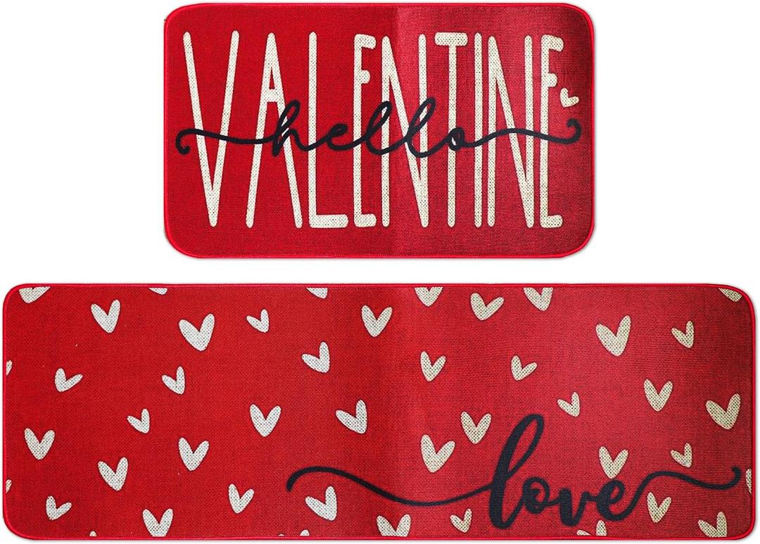 Valentine's Day Heart-Shaped Kitchen Carpet and mat Set, Two-Piece Kitchen Home Decoration, Happy Home Decoration on The Floor - Approximately 16x28 and 16 * 48Inch Dark red