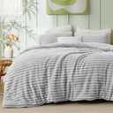 Bedsure Comforter Set Queen Size - GentleSoft 3 Pieces Double-Side Fleece Fluffy Light Grey Comforter Set, Cozy Striped Room Decor Aesthetic, Luxury Bedding Queen Size, 2 Pillowcases, 90x90 Inches