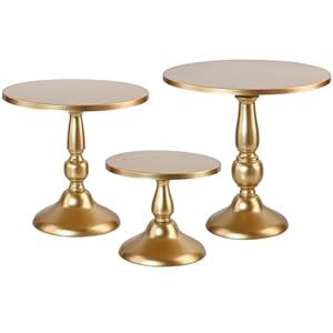 QENUIITEA Set of 3 Gold Cake Stands, Metal Round Cake Holder Dessert Pie Pizza Display Stand 8" 10" 12" Serving Tray Decoration for Wedding Celebration Party Birthday Baby Shower