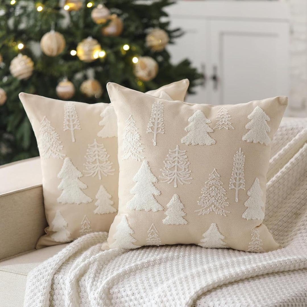 VitalCozy Christmas Tree Embroidered Pillow Covers Set of 2 18 x 18 Inch Cream White Christmas Decorative Pillow Covers for Winter Holiday Xmas Home Bedroom Sofa Decors