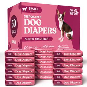Comfortable Female Dog Diapers - 50-Pack Super Absorbent Disposable Doggie Diapers - FlashDry Gel Technology & Wetness Indicator - Leakproof Diapers for Dogs in Heat, Excitable Urination, Incontinence, Sma