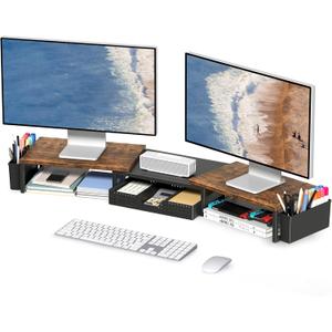 OPNICE Wood Desk Organizers and Accessories, Dual Monitor Stand Riser with Drawer and 2 Pen Holders, Desk Shelf Computer Racks for Office Workspace Organizers, Desktop Organization (Rustic Brown)