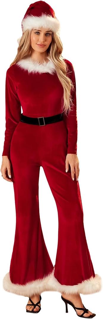 Womens Mrs Santa Claus Costume Long Sleeve Christmas Flared Jumpsuit And Santa Hat Set Adult Cosplay Costumes (Large)