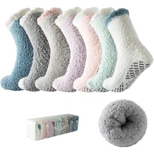 Bulinlulu Fuzzy Socks with Grips Plush Sleep Cozy Winter Soft Hospital Fluffy Socks Gifts for Womens Mens Gifts (Blue/Dark Grey/Brown/Purple/Pink/Green/White)