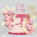 Gyufise 57Pcs Balls Cake Topper Boho Grass Cake topper Pearl Balls Acrylic Happy Birthday Cake Decorations for Wedding Baby Shower Birthday Boho Themed Party Supplies Rose Gold Pink
