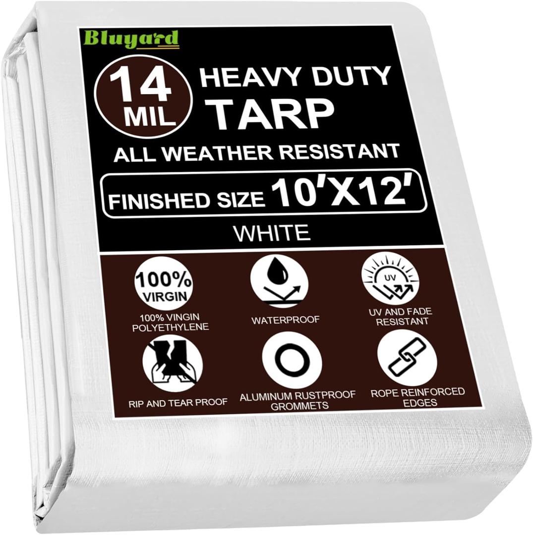 Tarp Waterproof 10x12 Ft Heavy Duty Tarp Thicker 14 Mil Large Tarps with Grommets and Reinforced Edges, UV Resistant Tear&Fade Resistant Plastic Tarp for Outdoor Camping Roof Pool Tent, White