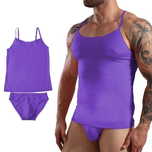 Amorgours Men’s Sissy Lingerie Set Lace Sissy Bra and Thong Underwear Floral Crossdressing Nightwear Gay Brief Purple, XL