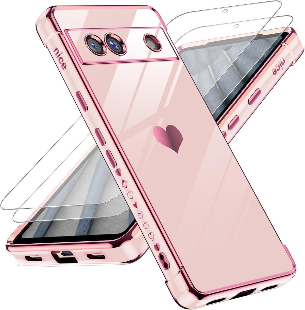 LeYi for Google Pixel 7A Case: with Tempered Glass Screen Protector [2 Pcs]+ Full Camera Lens Protection, Love Heart Plating Girly Women Cute Luxury Soft TPU Shockproof Case, Pink