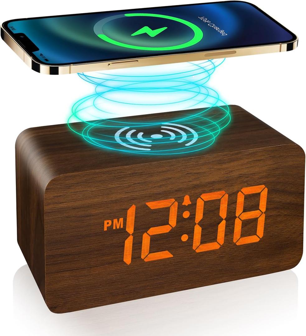 CLEVER BRIGHT Wooden Digital Alarm Clock with Wireless Charging, Dimmable, Adjustable Volume, Alarms, Digital Clock for Bedroom, Bedside, Office Wood LED Clock for Bedroom (Brown)