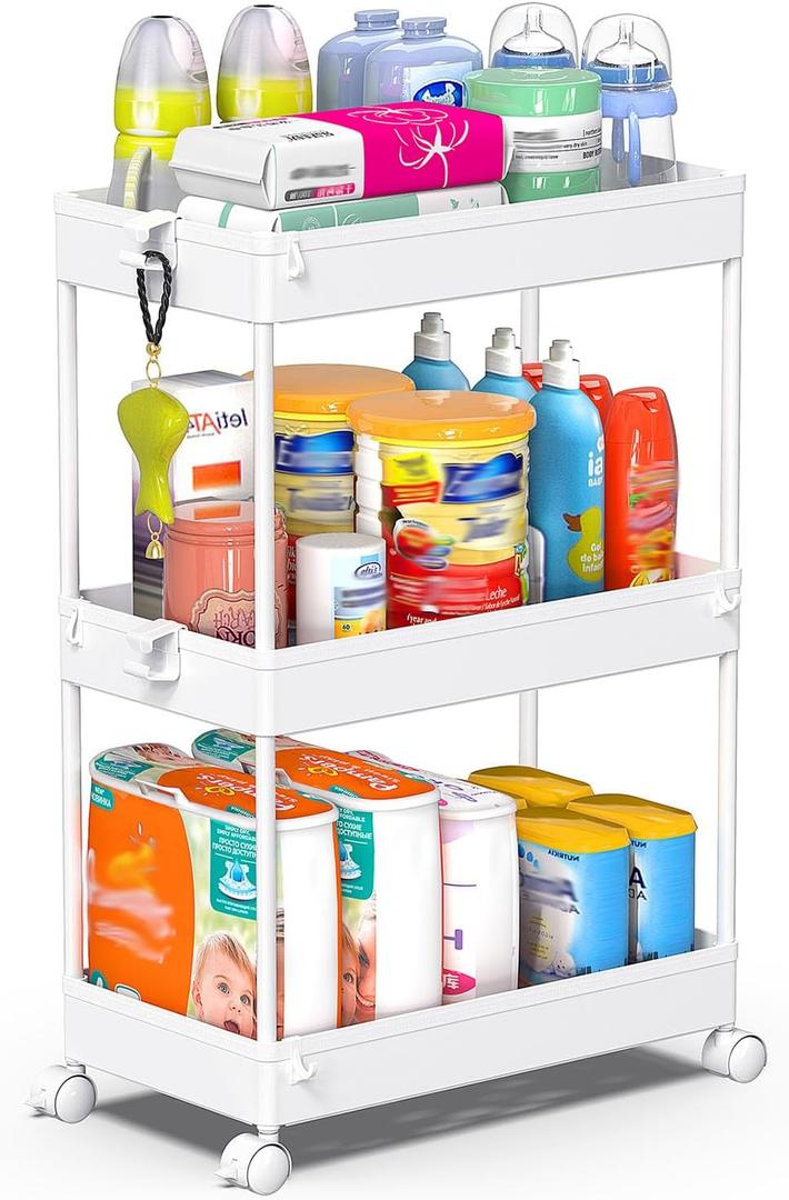 SPACEKEEPER Rolling Storage Cart 3 Tier, Bathroom Cart Organizer Laundry Room Organizer Utility Cart Mobile Shelving Unit Multi-Functional Shelves for Office, Kitchen, Bathroom, White