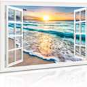 DUNHUANG ART Canvas Wall Art for Bedroom Decor - Beach Sunset Ocean Nature Pictures - Modern Stretched and Framed Seascape Giclee Artwork - Ready to Hang - 12x16 inches (16L" x 12W")