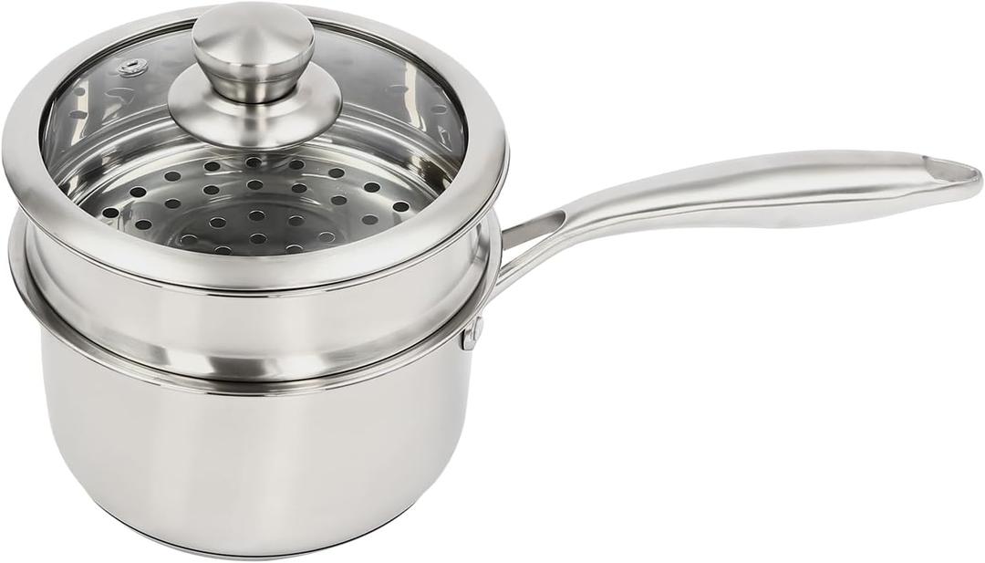 Steamer 18cm/7.08in, 2-tier Polished Stainless Steel Steam Cooker w/Clear Lid, 14cm/5.51in Saucepan w/ 19cm/7.48in Handle, Home Stackable Steam Pot for All Stoves (1xBottom Pot, 1xSteaming Basket)