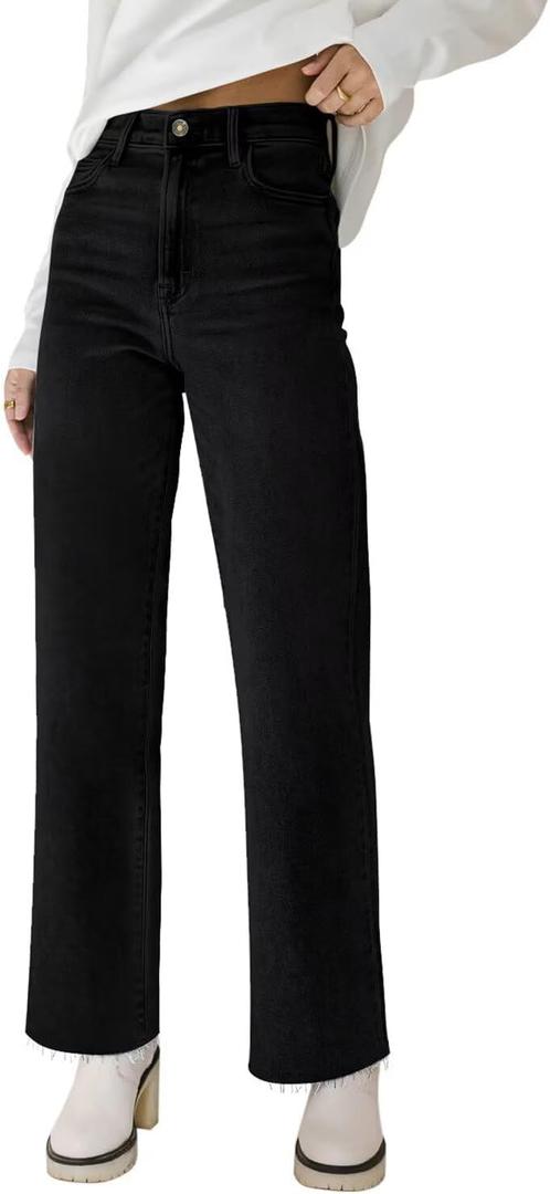 KDF Straight Leg Jeans for Women High Waisted Jeans Frayed Baggy Pants Raw Hem Loose Stretchy Cropped Wide Leg Jeans (12)