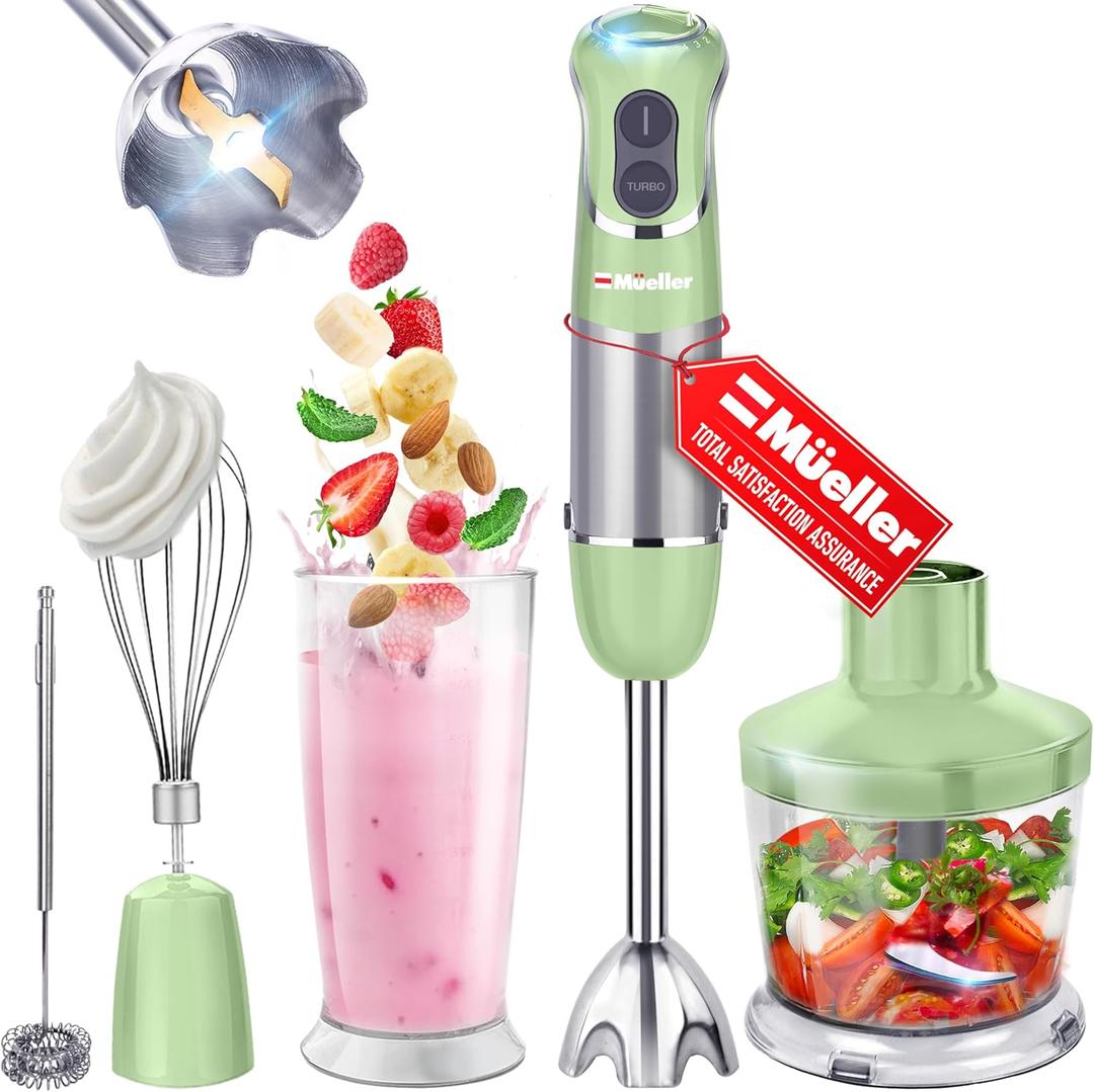 Mueller Multistick 800W 4-in-1 Immersion Blender Handheld, 12 Speed Hand Mixer - Turbo Boost, Heaviest Duty Copper Motor, Titanium Blades Hand Blender, Milk Frother Wand, Green Kitchen Accessories